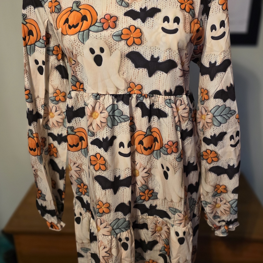 Women's Halloween Long Sleeve Dress with Pumpkins and Ghosts